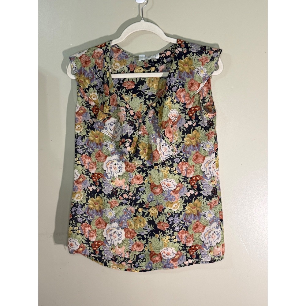 Beechers Brook Floral Ruffle V-Neck Sleeveless Blouse Navy Multi Color Top
